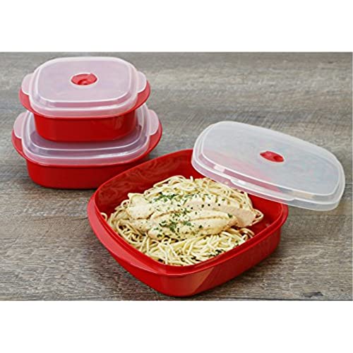 Image of Reston Lloyd Nesting Microwave Containers, Set of 3, Adjustable Steam Vents, Airtight, Meal Prep, Durable BPA-Free Plastic- Freezer & Dishwasher Safe, Cookware & Food Storage, Anyday Cookware, Red