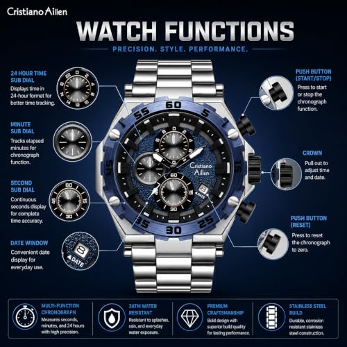 Cristiano Aillen Men's Analog Chronograph Watch, Black SILVER BLUE - Image 6