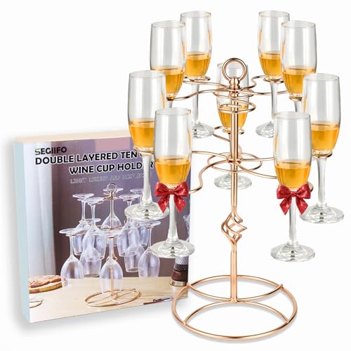 SEGIIFO Champagne Tree Stand for 10 Glasses, Rose Golden Cocktail Tree Stand, Screw-on Cocktail Tree Stand for Drinks, Metal Champagne Stand Drink Tree Stand Drink Tower for Bar Party Wedding Birthday