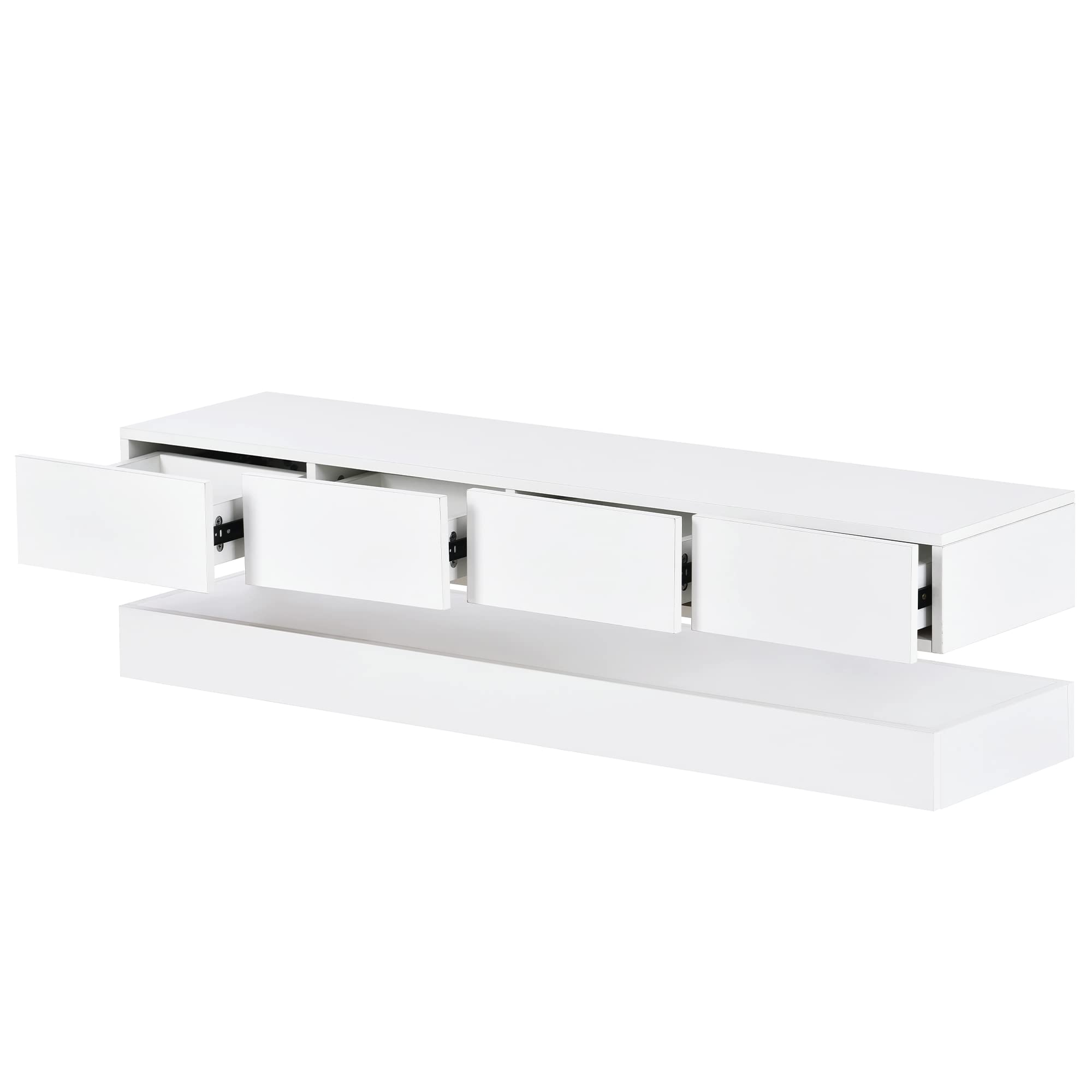 Meuble TV avec 2 armoires 4 tiroirs Mural avec éclairage LED Armoire Murale pour téléviseur Jusqu’à 55 Pouces Lowboard pour Salon Table TV Blanc