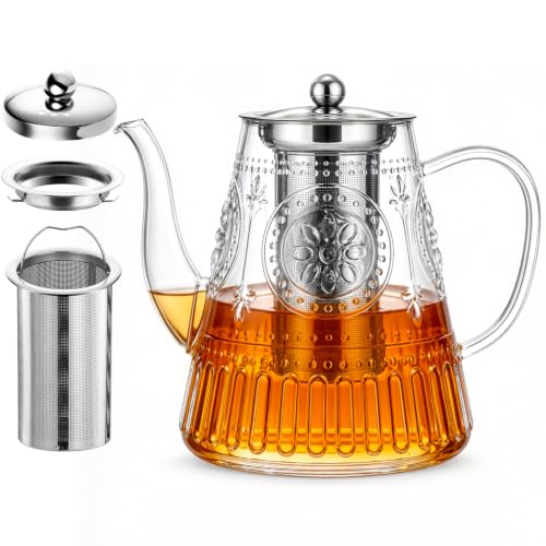 Image of 1500ml /52oz Large Glass Teapot, Zpose Vintage Tea Pot with Infuser for Loose Tea, Stovetop Glass Tea Kettle with strainer for 6-7 Cups