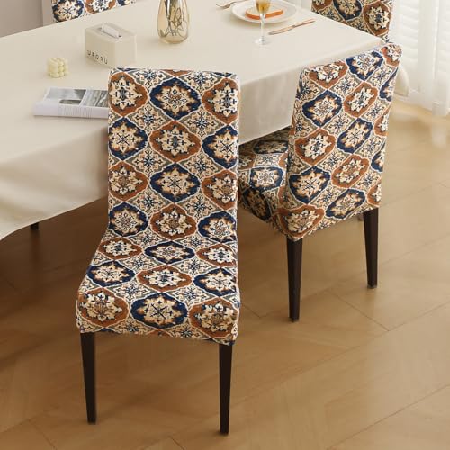 Image of HOKIPO Premium Printed Velvet Dining Chair Cover Set of 1, Indigo Moroccan Charm (AR-5794-D7)