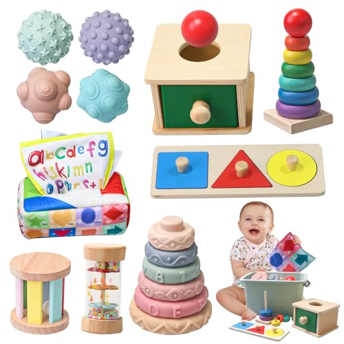 Image of Montessori Toys for Babies 6-12 Months,1 Year Old,8 in 1 Learning Educational Set Wooden Sensory Toys for Baby Toys 12-18 Months (Includes Tissue Box Toy,Rainmaker and More)