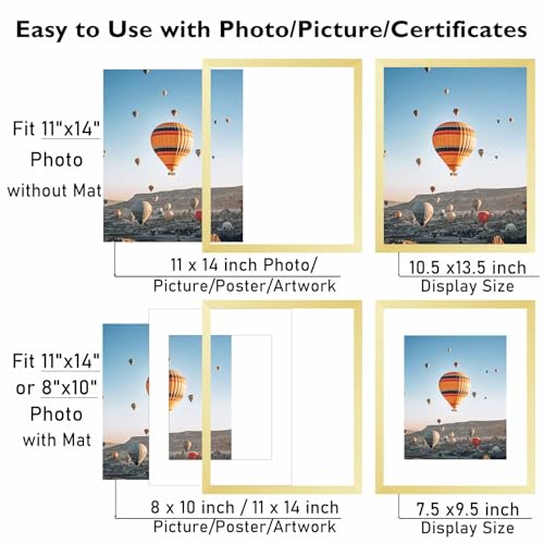 Image of JCJMY 11x14 Picture Frame with 8x10 Mat, Display Photo 8x10 with Mat or 11 x 14 Without Mat, Wall Hanging Large Frame with Shatter Resistant Plexiglass, Gold