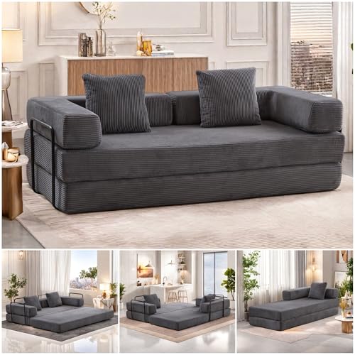 Image of Convertible Floor Sofa Bed, Foldable Mattress Cloud Couch with Pillow Back & Armrest, Corduroy Sleeper Sofa Bed with Fixed-Shape Frame, Compressed Couch for Living Room Bedroom, Dark Gray