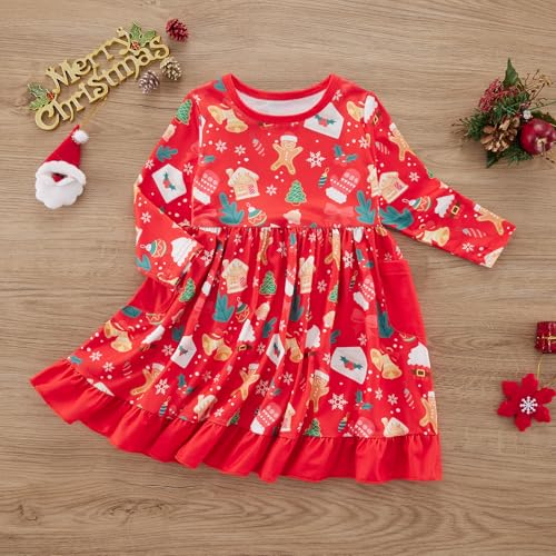 Toddler Baby Girls Christmas Dress Long Sleeve Gingerbread Man Candy Cane Santa Ruffle Pocket Dress Xmas Clothes4