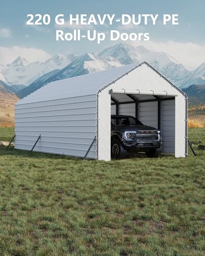 Image of GarveeLife Heavy-Duty PE Enclosure Kit (2-Pack) for Metal Carport - 220gsm Roll-Up Zipper Door Panels for 13x26, 13x21, 13x16 ft, with Ball Bungees, Gray