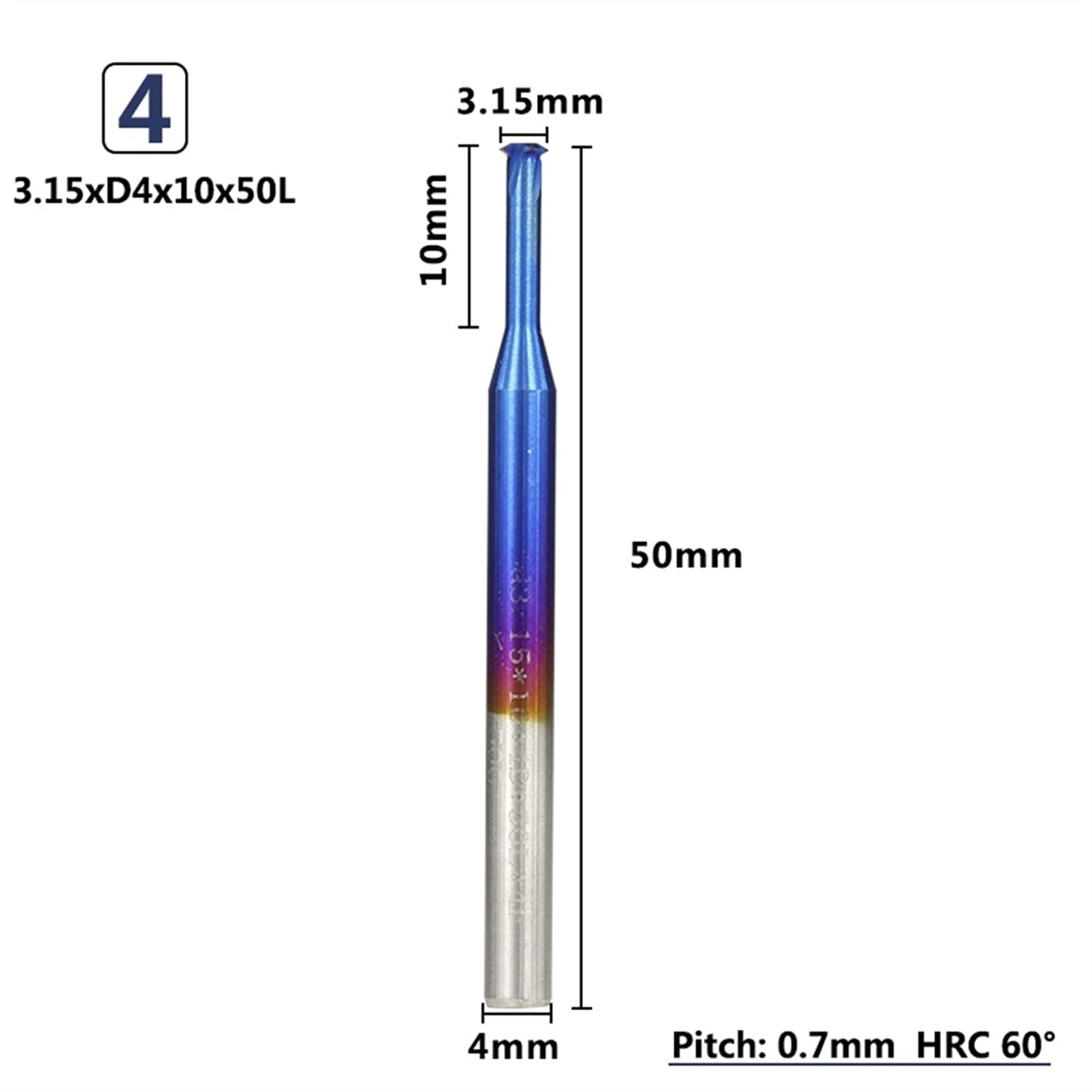 DINGGUANGHE-CUP Thread Milling Cutter Pitch 0.25-P0.8 Single Thread End Mill CNC Machine Thread Cutting Tool Steel (Cutting Edge Length : P0.7x3.15xD4x10x50L)