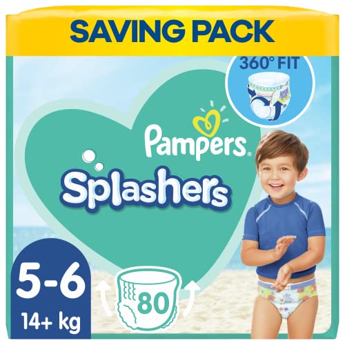 Pampers Pañales de bebé tamaño 5 (14+ kg), pantalones de natación Splashers, 80 pañales, paquete de ahorro, no se hinchan en el agua