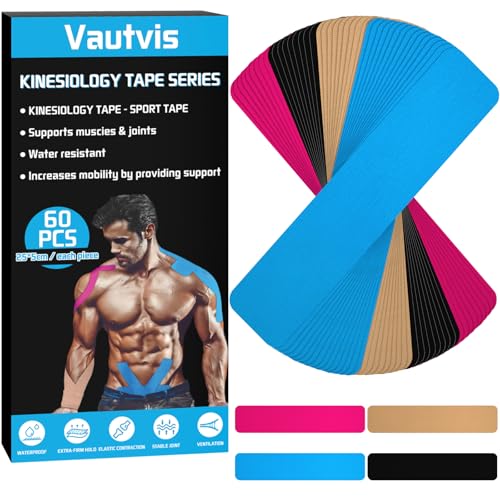 Vautvis 60 Cinta de Kinesiología Tape, Kinesiotape, Kinesio Tape, Kinesiotape Physio Tape, Cinta de Kinesiología Impermeable para La Recuperación Muscular Lesionada Y Soporte Articular (25CM * 5CM)