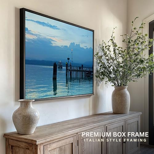 Image of ARTCREST Lake Garda Pier Painting Canvas Wall Art | Black Framed Scenic Lake Landscape Painting for Living Room, Bedroom or Office Walls | Large Decorative Canvas Wall Decor (16x20 Inches)