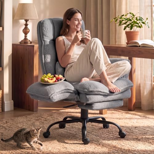 Image of Wider Seat Office Chair with Flip Armrests for Criss Cross Legged&Cats, Big and Tall Executive Ergonomic Reclining Chair with Footrest&Lumbar Pillow, Teddy Fleece Desk Chair,Grey Vanity Chair