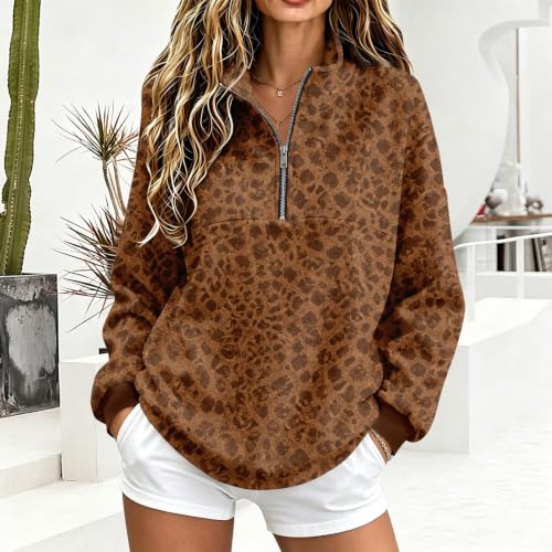3/4 Zip Pullover Womens Leopard Print Mockneck Fleece Oversized Sweatshirt - image 3