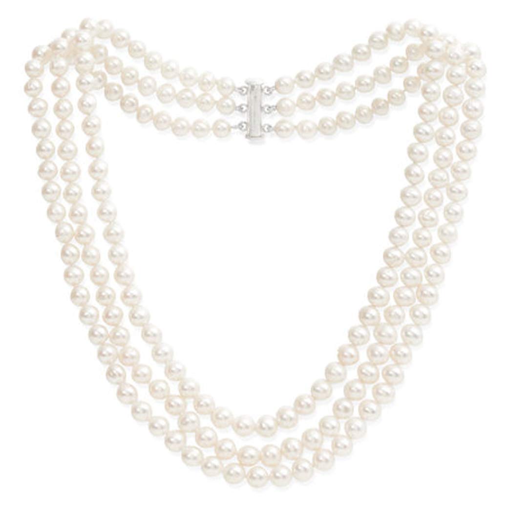 Treasure Bay Handcrafted Three Strand 7mm AA Grade Natural Fresh Water Pearl Necklace (White)