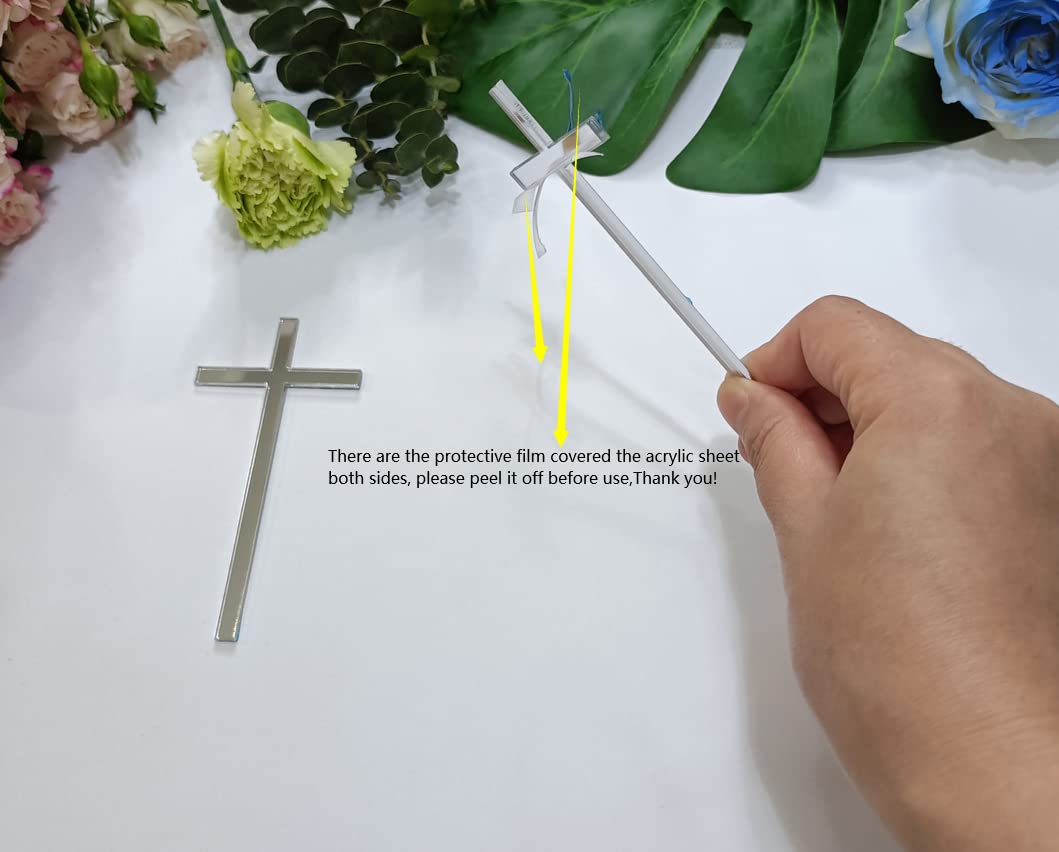 12pcs Slim Acrylic Cross Christening Baptism Confirmation Cake Charm, Acrylic Cross Cake Decoration (4'', Silver Mirror)