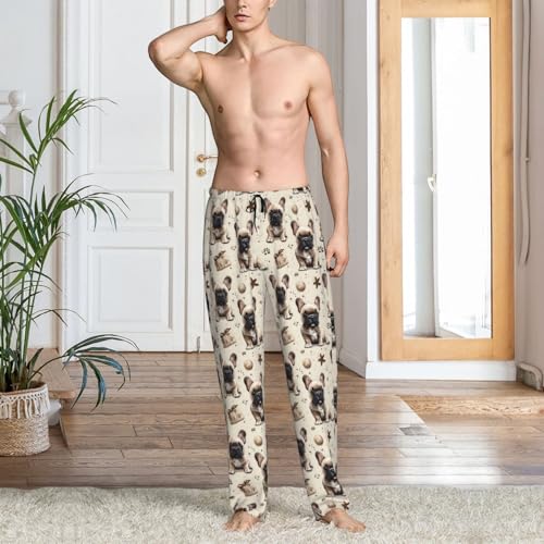 Mens Pajama Pants - Brown Cute French Bulldog Print Soft Sleep Lounge Pants For Men, Casual Pj Bottoms With Pockets2