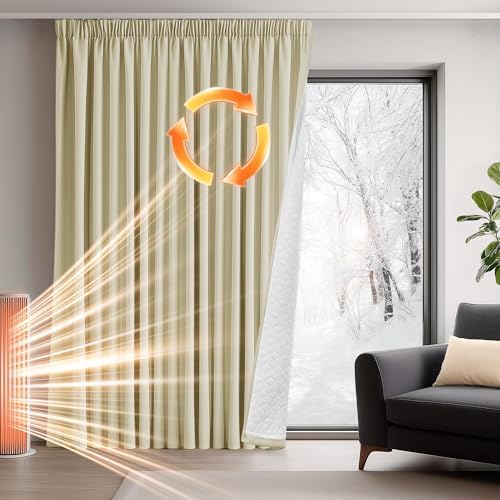 Deconovo Thermovorhang Kälteschutz, Gardinen mit Kräuselband gegen Kälte, Wärmeisolierend Vorhang Verdunkelung Wohnzimmer, 160 x 140(HöhexBreite), Hellbeige, 1 Stück