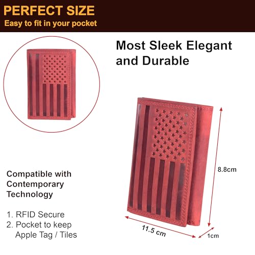 Image of ASAD Leather Slim Everyday Trifold Wallet with ID Window and Multiple Card Slots | Genuine Leather Double Stitched RFID Blocking Stylish | Gift for Him | Bordo Crazy Horse American Flag Design
