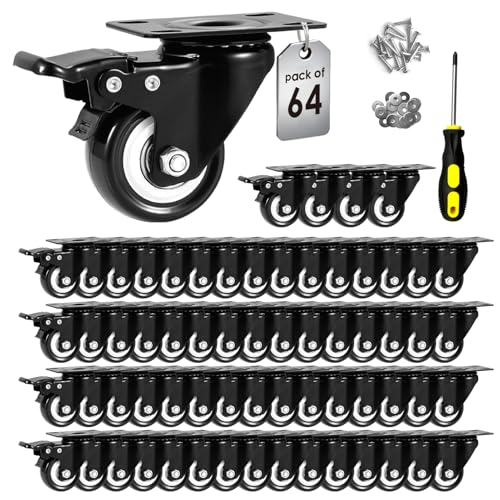 Image of 2 inch Caster Wheels Set of 64, Heavy Duty Casters with Brake, No Noise Locking Casters with Polyurethane (PU) Wheels, Swivel Plate Castors Pack of 64