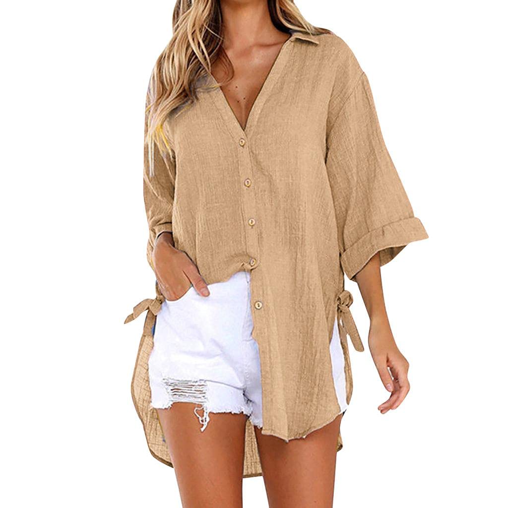 YpingLonk Camisa para Mujer OtoñO AlgodóN Lino Botones Vestido Largo Manga Enrollada Trabajo Informal Tops Lisos Blusas Camisas