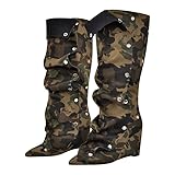 pinokino Wedge Heel Shark Boots for Women Knee High Foldover Ruched Scrunch Stiletto Heel Snap Buttons Pull on Slouchy Boots Denim Green Camo Size 12