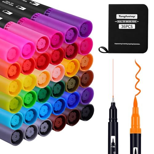 Tongfushop Rotuladores Lettering 36 Colores, Doble Punta Fina y Pincel, Kit de Rotuladores Acuarelables para Niñas, Niños, Adultos, Principiantes, Caligrafía, Dibujo, Mandalas y Bullet Journal
