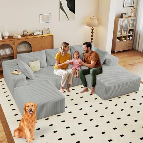 Image of 96 inch Modular Sectional Sofa with Ottoman, Modern Corduroy Cloud Couch with Deep Seat, Boneless Couch Upholstered 3-Seater U-Shaped Sofa for Living Room, No Assembly (Light Grey, Right-Facing Chaise)