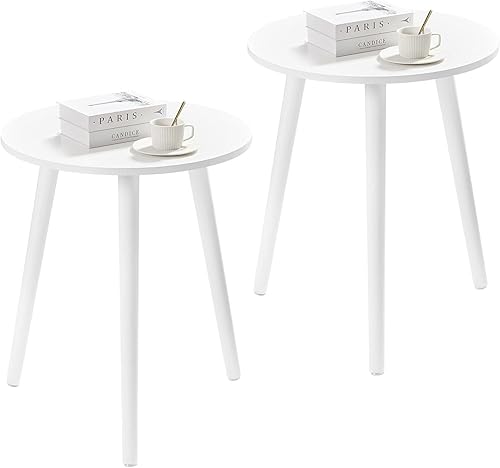 Miniatura 30 de Apicizon Juego de 2 mesas auxiliares redondas, mesa auxiliar blanca para sala de estar, dormitorio, espacios pequeños, mesa auxiliar Morden Oro,1