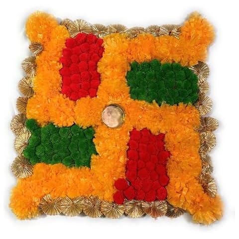 mappa Artificial Flowers Rangoli Set Decoration Home Decor Home and Pooja Room Decorative Floor Square Mats, Swastik Mat | Saathiya Design Artificial Marigold Flower 14x14 inch Pack of 2 Cover