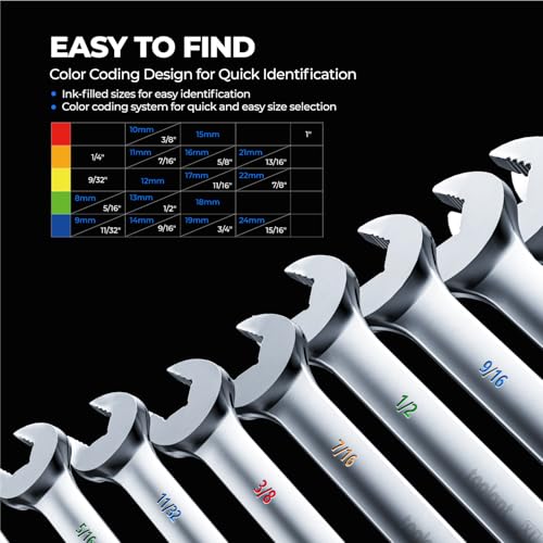 Image of toolant Max Grip 15pcs Professional SAE Combination Wrench Set with Long Pattern Offset Heads Anti-Slip Teeth & Color-Coded Markings for Machinist, Auto, maintenance, DIYer