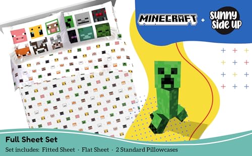 Image of Sunny Side Up Minecraft Creeper & Animals Full Sheet Set - 4 Piece Kids Bedding Set Includes Pillow Cover - Super Soft Microfiber Sheets