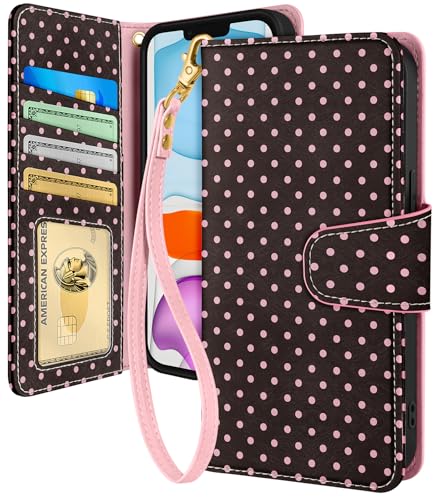 Toycamp for iPhone 11 Wallet Case, Leather Flip Cover, Brown Polka