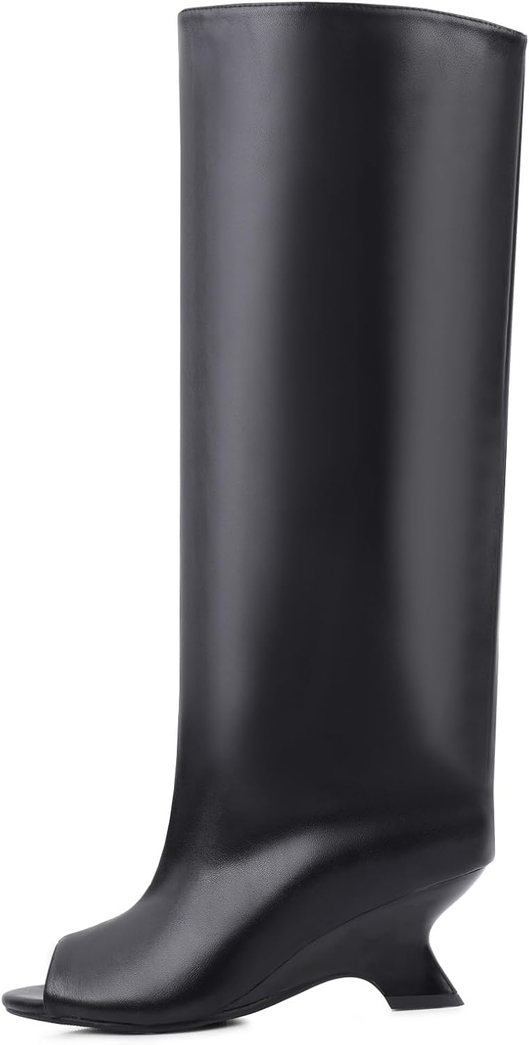 FancyQueen Open Toe Knee High Boots, Slouchy Pull On Peep Toe Dress Boots for Women