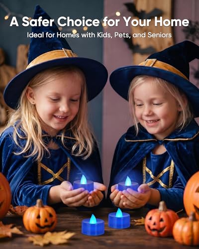 Image of Homemory Blue Tea Lights Candles Battery Operated, Flickering Flameless LED Votive Candles, Pure White Tealights for Wedding, Party, Ocean Dinner, Winter Wonderland, Hanukkah Decor, 24-Pack