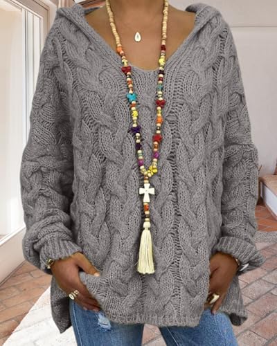 ZOCAVIA Womens Hooded Sweater Cable Knit Sweater Oversized Knit Sweater Loose Fit Sweater Knit Pullover Sweater Top4