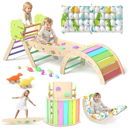Image of KidsBuddy Pikler Triangle Set with Cushion 9 in 1 Climbing Toys for Toddlers 1-3 Indoor Baby Gym Toddler Montessori Toys Wooden Climbing with Maze, Shape Sorting, Dinosaur Car