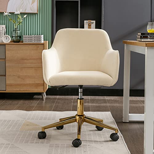 Modern Velvet Home Office Chair, Upholstered Cute Desk Chair With Gold Metal Legs, Adjustable Swivel Task Chair With Wheels, Vanity Chair For Girls Women Small Space Bedroom Study Makeup, Cream White #TOP1