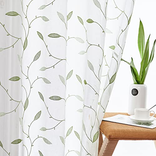Lazzzy Sheer Curtains Embroidered Floral Leaf Voile Drapes For Bedroom Living Room Grommet Top Window Treatments 2 Panels 84 Inches Green On White #TOP4