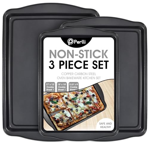 Perlli Cookie Sheets for Baking Non Stick Oven Pan Tray Baking Sheet 3-Piece Set (Small, Medium & Large) Carbon Steel BPA Free Cooking and Baking Trays for Cakes and Cookies
