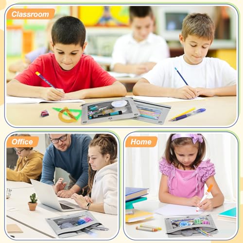 Image of Shemira Pencil Pouch for 3 Ring Binder, Binder Pencil Pouch with Smooth Zipper, Clear Window Pencil Case for Binder, Zipper Pencil Pouches, Big Capacity 3 Ring Binder Pencil Bag, Grey