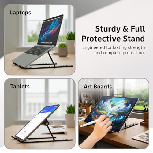 Image of pTron DeskMate M1 15.6 inch Laptop Stand, 7 Adjustable Height, Metal Alloy, Foldable, Portable Tabletop Laptop /Desktop Riser Stand Holder Compatible for MacBook, HP,Dell,Lenovo & All Other Notebook(Black)