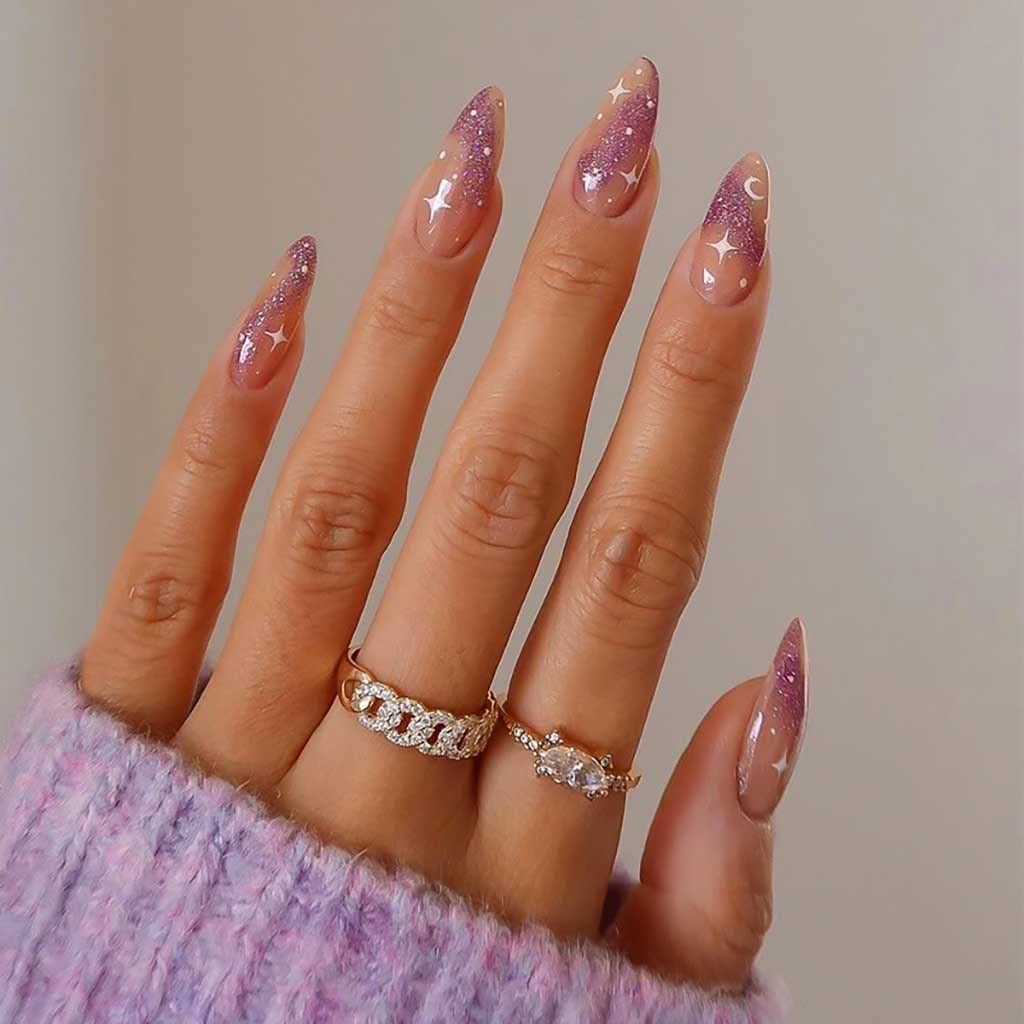RikView French Tip Press On Medium Acrylic Nails - Almond Fake Nude & Purple Stick On Nails (24 PCs/Set)
