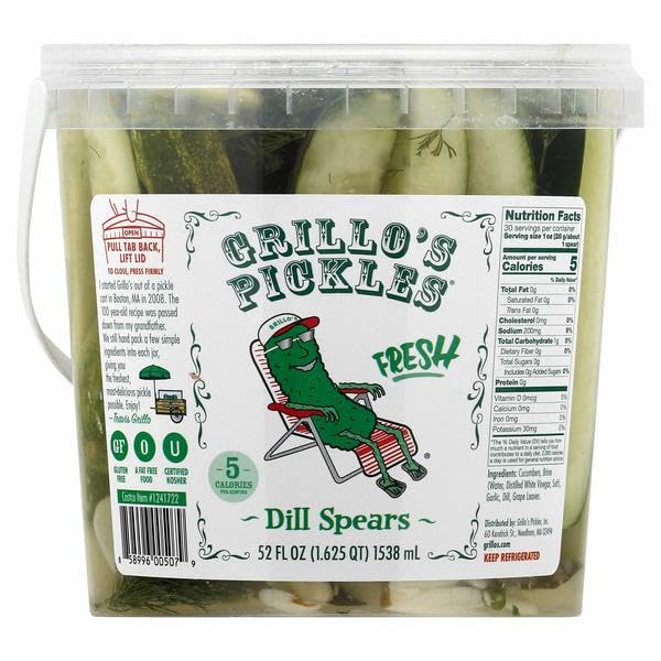 Pickles Classic Dill Pickle Spears, 5 calories per serving. Gluten free. A fat free food, CUCUMBERS, BRINE (WATER, DISTILLED WHITE VINEGAR, SALT), GARLIC, DILL, GRAPE LEAVES. [ 52 oz, 3.25 lb ]