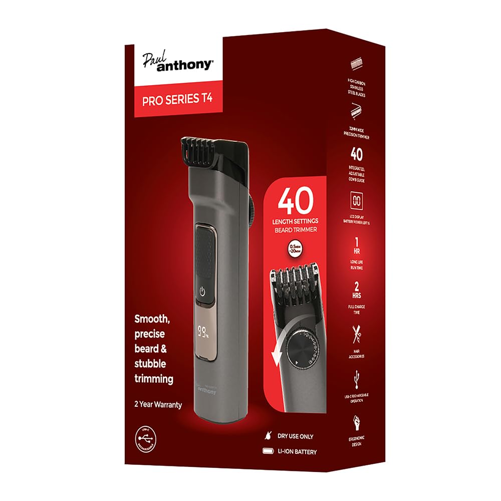 Paul Anthony 'Pro Series T4' USB-C Lithium Beard & Stubble Trimmer with LCD Display and 40 Lockable Trimming Depths from 0.5mm to 20mm - H5135