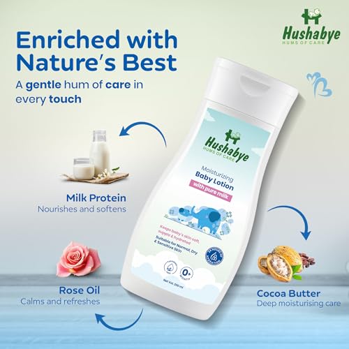 Image of Hushabye Moisturizing Baby Lotion (200ml), Head to Toe Wash (200ml) & Dusting Powder (100g) with Milk Protein | pH Balanced for All Skin Types | Newborn Care Gift Set, Combo Pack of 3