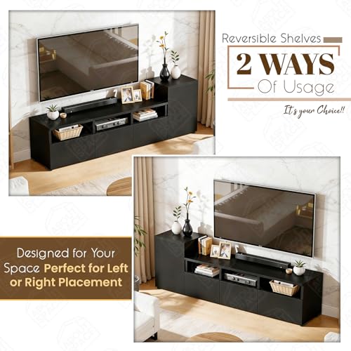 Image of ABOUT SPACE TV Unit - Engineered Wooden TV Stand 32 inch to 50 inch Cabinet with Bottom Closed /Open Storage, Adjustable Side Cabinet, Cable Hole for WiFi Router Stand Console Table for Living Room (Black)