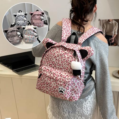 Women's Cute Cat Ears Backpack with Cartoon Charm and Case Large Capacity Leopard Print Funny Footprint for Travel (Brown(Leopard Print）)2