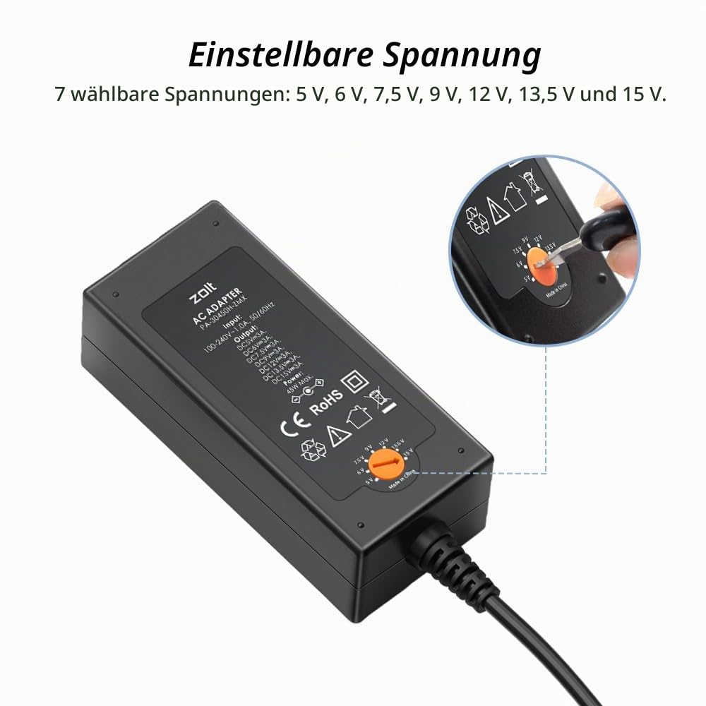 Zolt 45W Universal Netzteil AC zu DC 5V 6V 7.5V 9V 12V 13.5V 15V 3A Schaltnetzteil mit 10 DC-Stecker für Lautsprecher Tablet und mehr Haushaltselektronik, 3000mA Max.