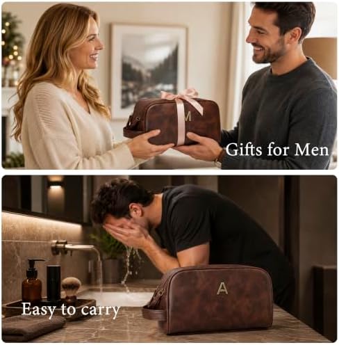 CLOUDWINGS Initial Gifts PU Leather Travel Toiletry Bag for Men