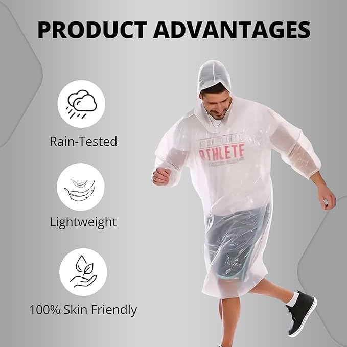 JANBAI Disposable Rain Ponchos for Adults (8-PCS) - Waterproof Emergency Rain Gear with Hood & Elastic Sleeves - Lightweight Portable Raincoat for Camping, Disney, Festivals & Hiking Clear PE Material 1